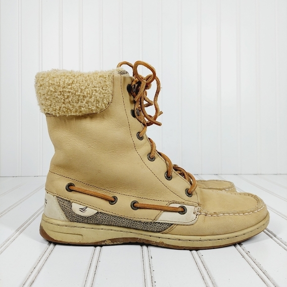 Sperry Top-sider Tall Women Tan Leather Fur Non-Marking Lace Up Ankle Boots B373 - Picture 5 of 12